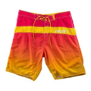 Vintage Y2K Rusty Board Shorts Men's 38 Red Panel Gradient Surf Beach Skater